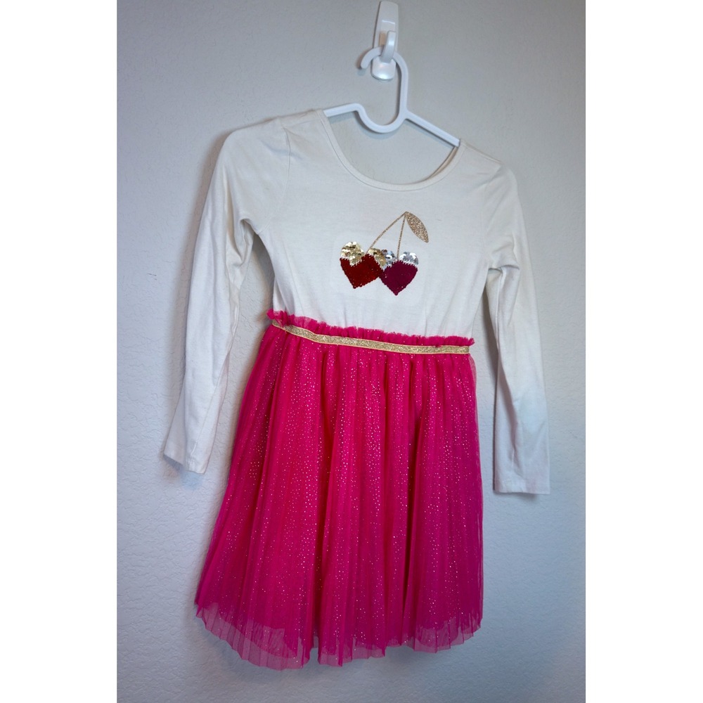 Cat & Jack Girls Pink Sequin Cherry Tutu Dress Long Sleeve Size S 6/7